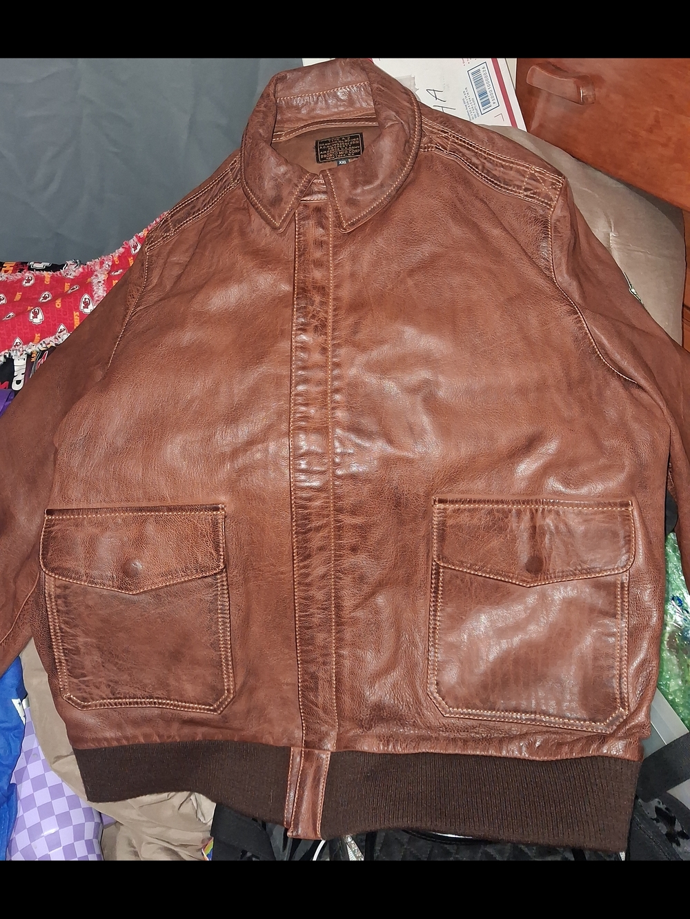 Bronco A-2 Style Men's Military Leather Jacket - Brown - Picture 9 of 9